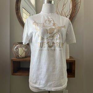 True Religion White Women's Medium Guitar Buddha Logo Crew Neck T Shirt